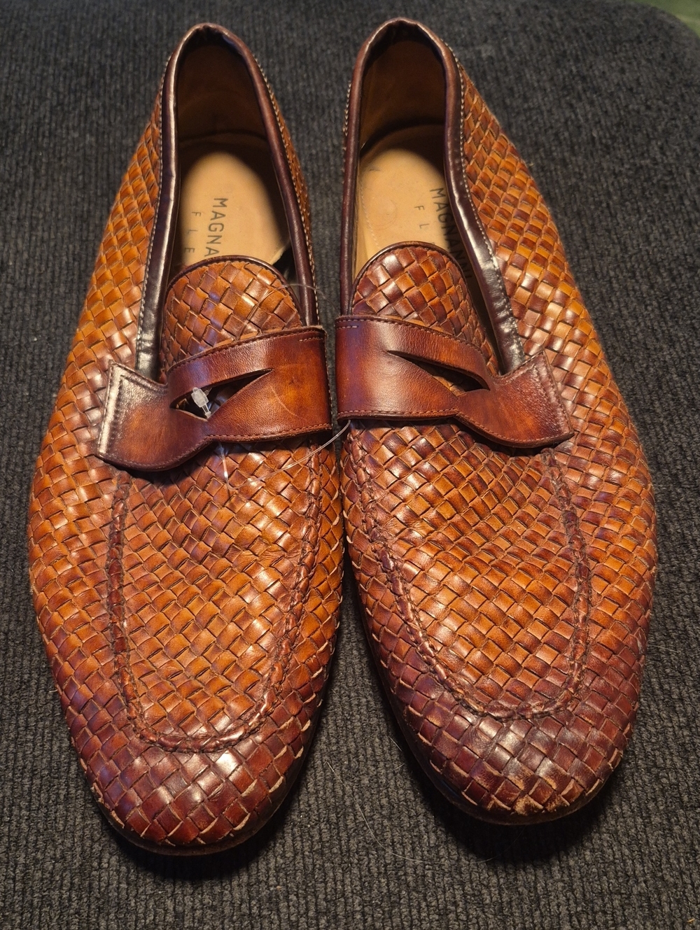 Magnanni Woven Leather Penny Loafers - Cognac Brown